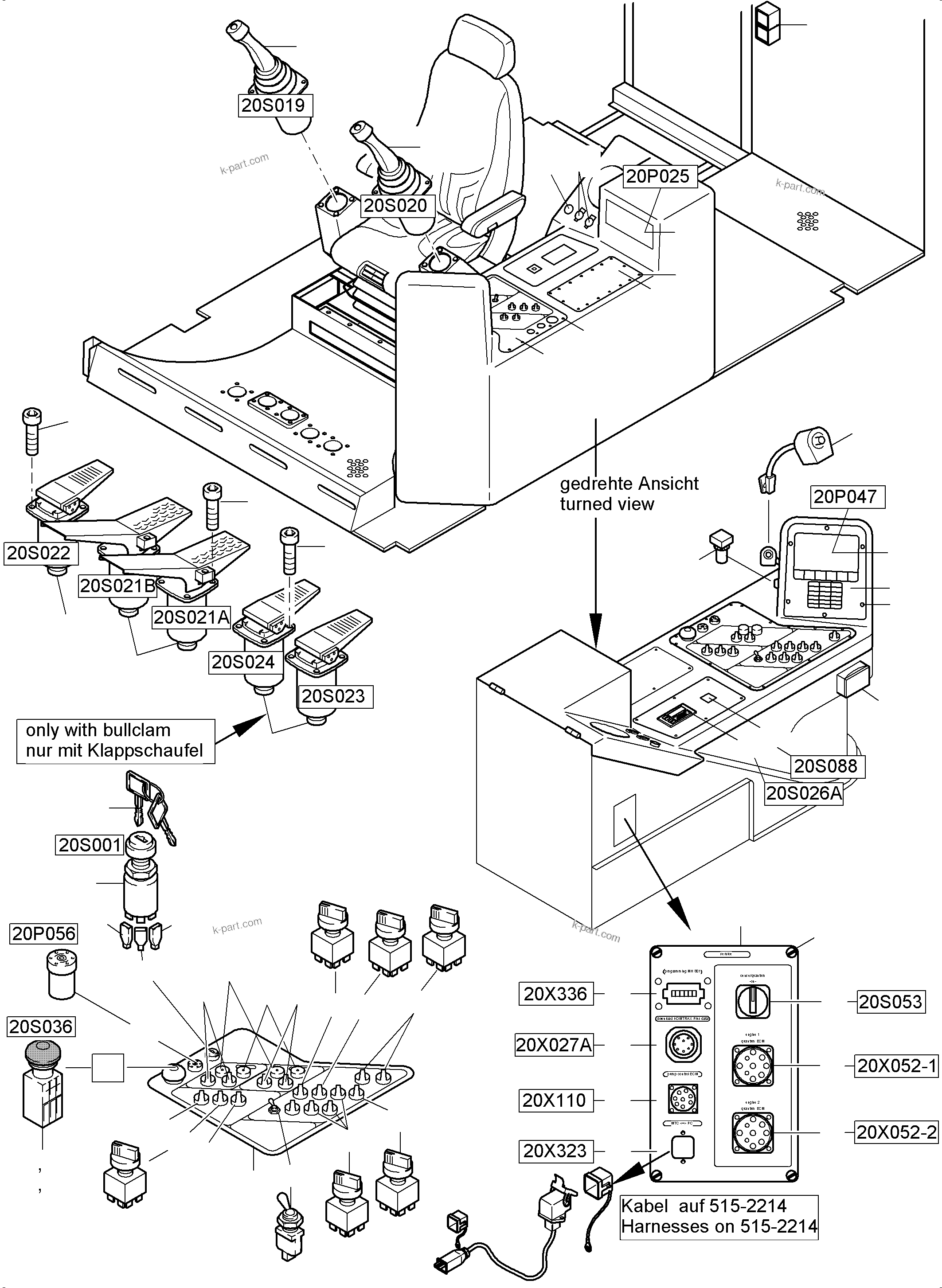 Komatsu parts book diagram for PC5500-6 S/N 15166: CABIN - OPERATION ELEMENTS - LOCATION 20