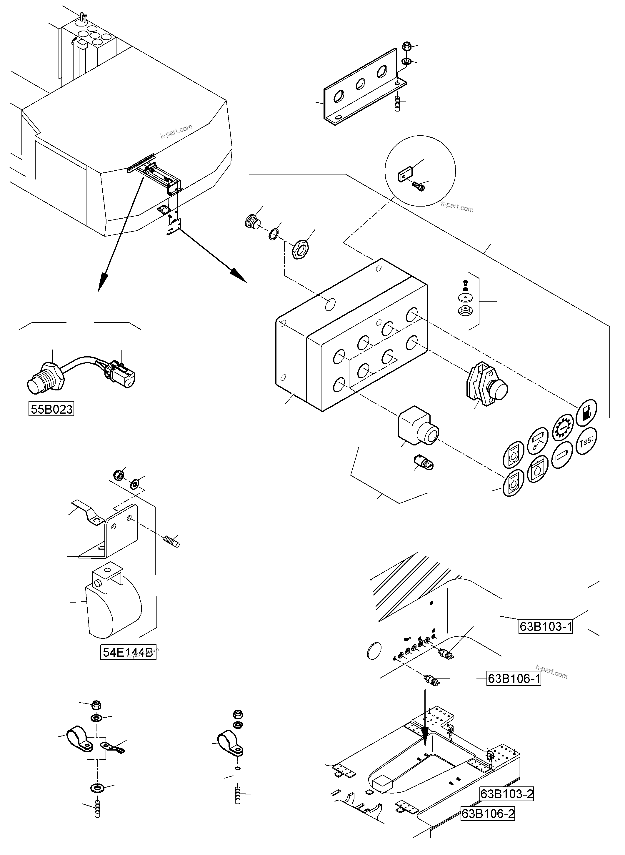 Komatsu parts book diagram for PC5500-6 S/N 15166: ELECTRO PARTS REFUELING, WITHOUT OR WITH SERVICE ARM