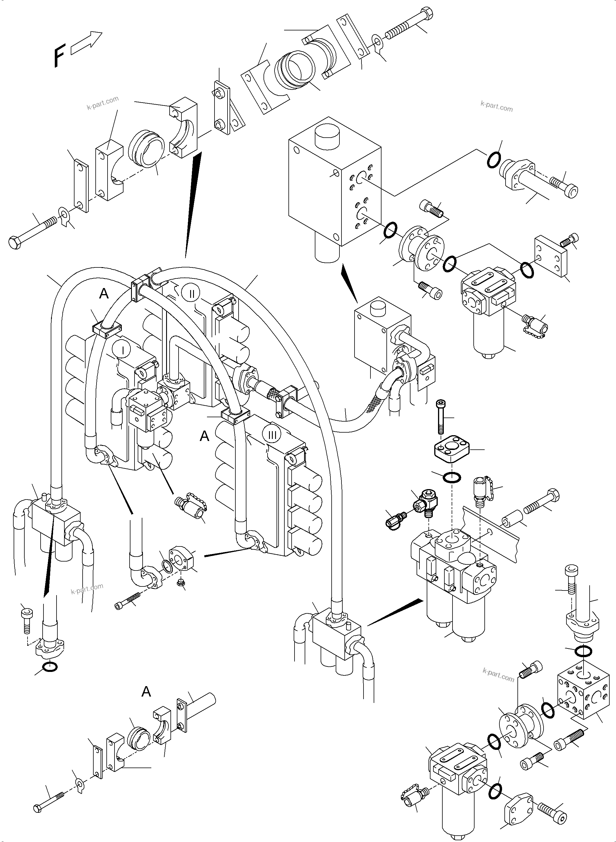 Komatsu parts book diagram for PC5500-6 S/N 15166: PRESSURE LINES, H.P. FILTER - CONTROL BLOCKS