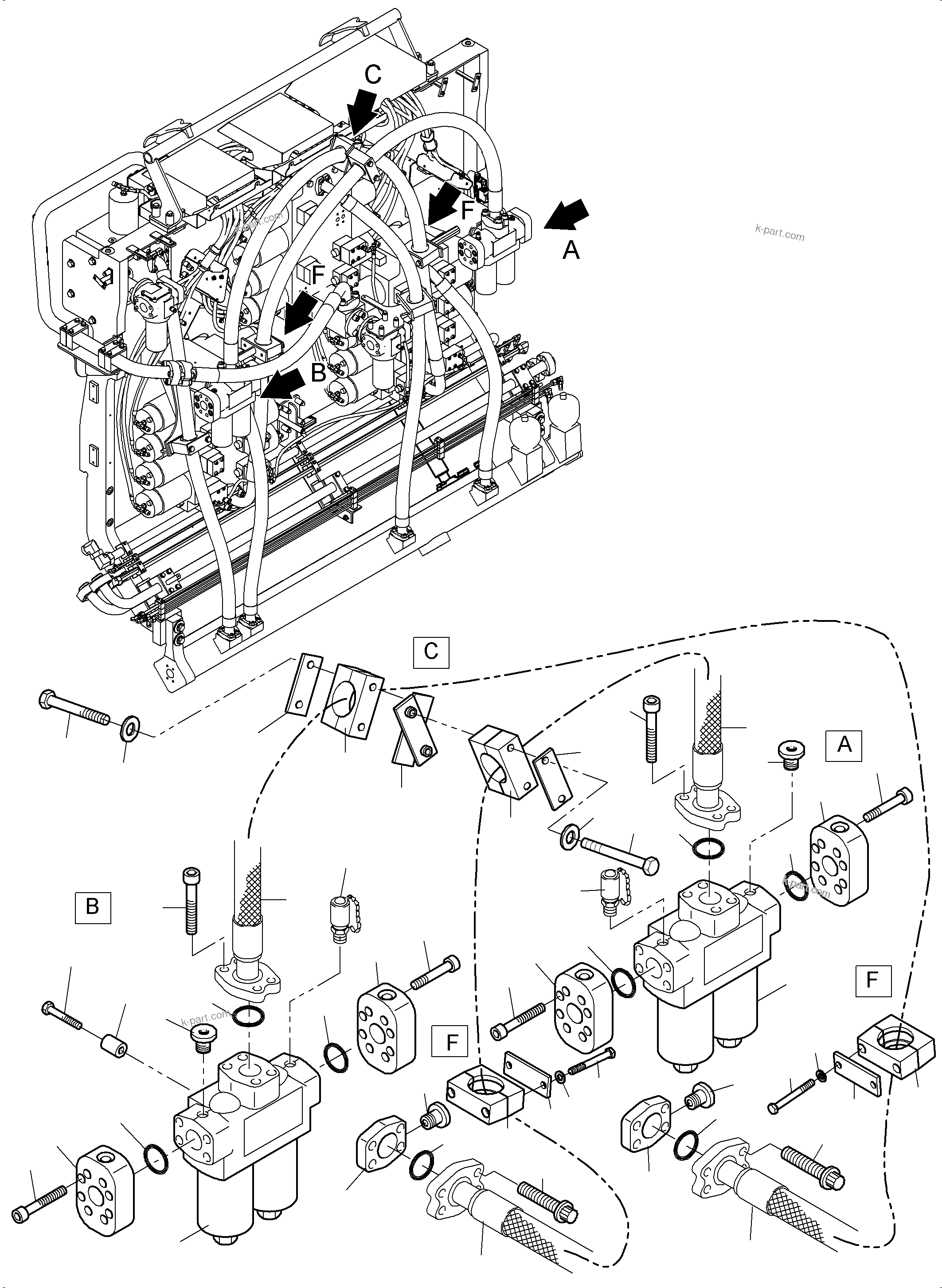 Komatsu parts book diagram for PC 7000-6E 35 003 11.06.2019: PRESSURE LINES, H.P. FILTER - CONTROL BLOCKS