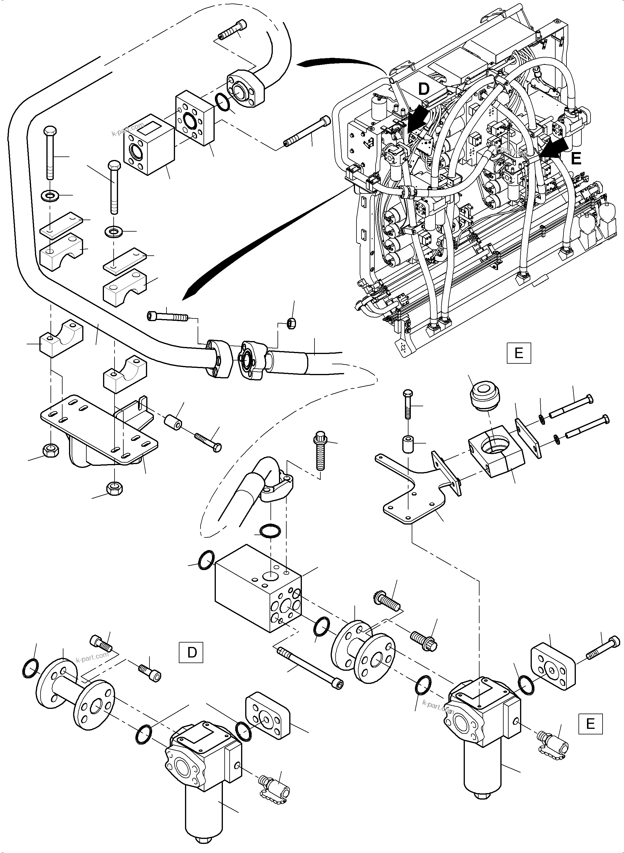 Komatsu parts book diagram for PC 7000-6E 35 003 11.06.2019: PRESSURE LINES, H.P. FILTER - CONTROL BLOCKS