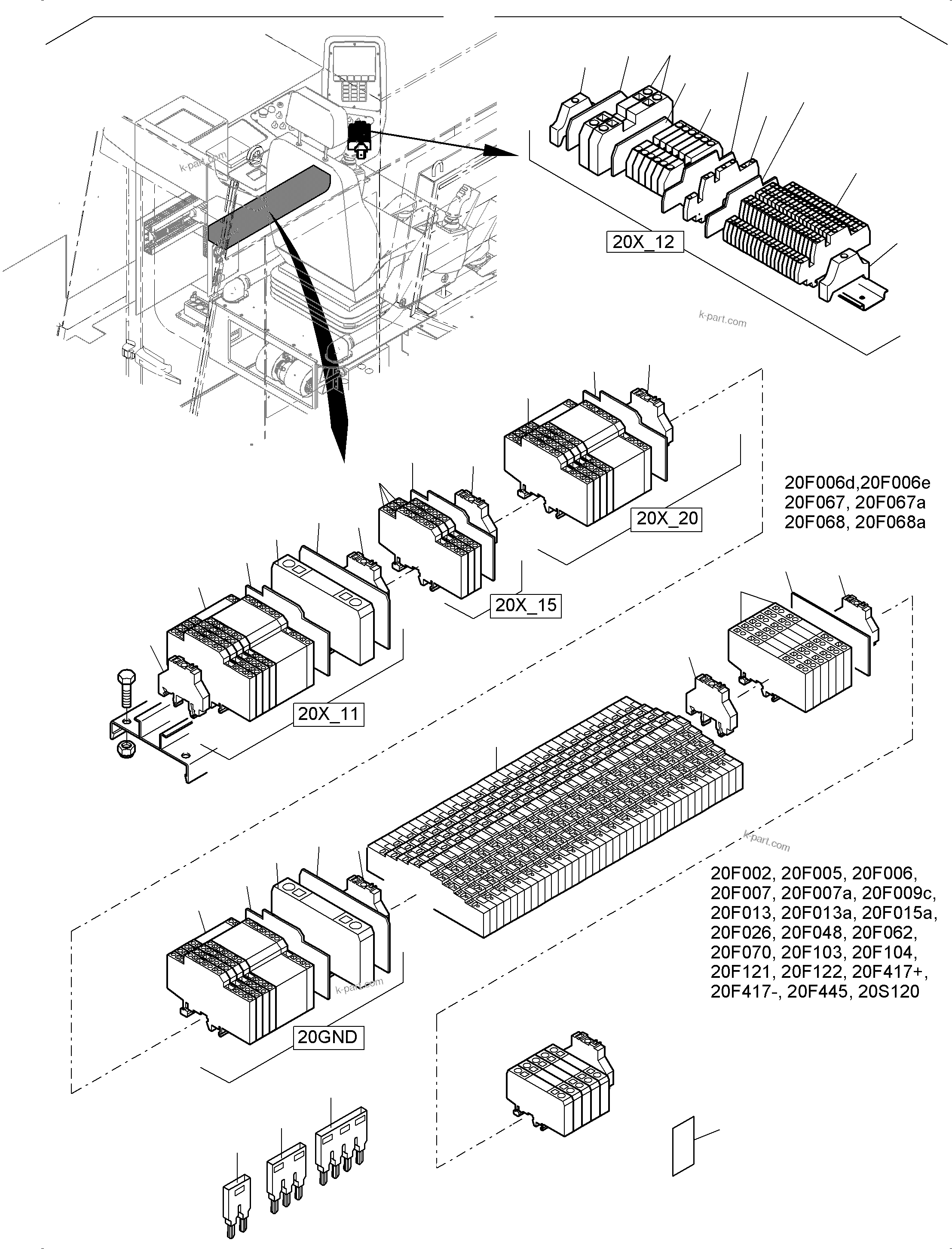 Komatsu parts book diagram for PC 7000-6E 35 003 11.06.2019: CABIN - OPERATION ELEMENTS - LOCATION 20