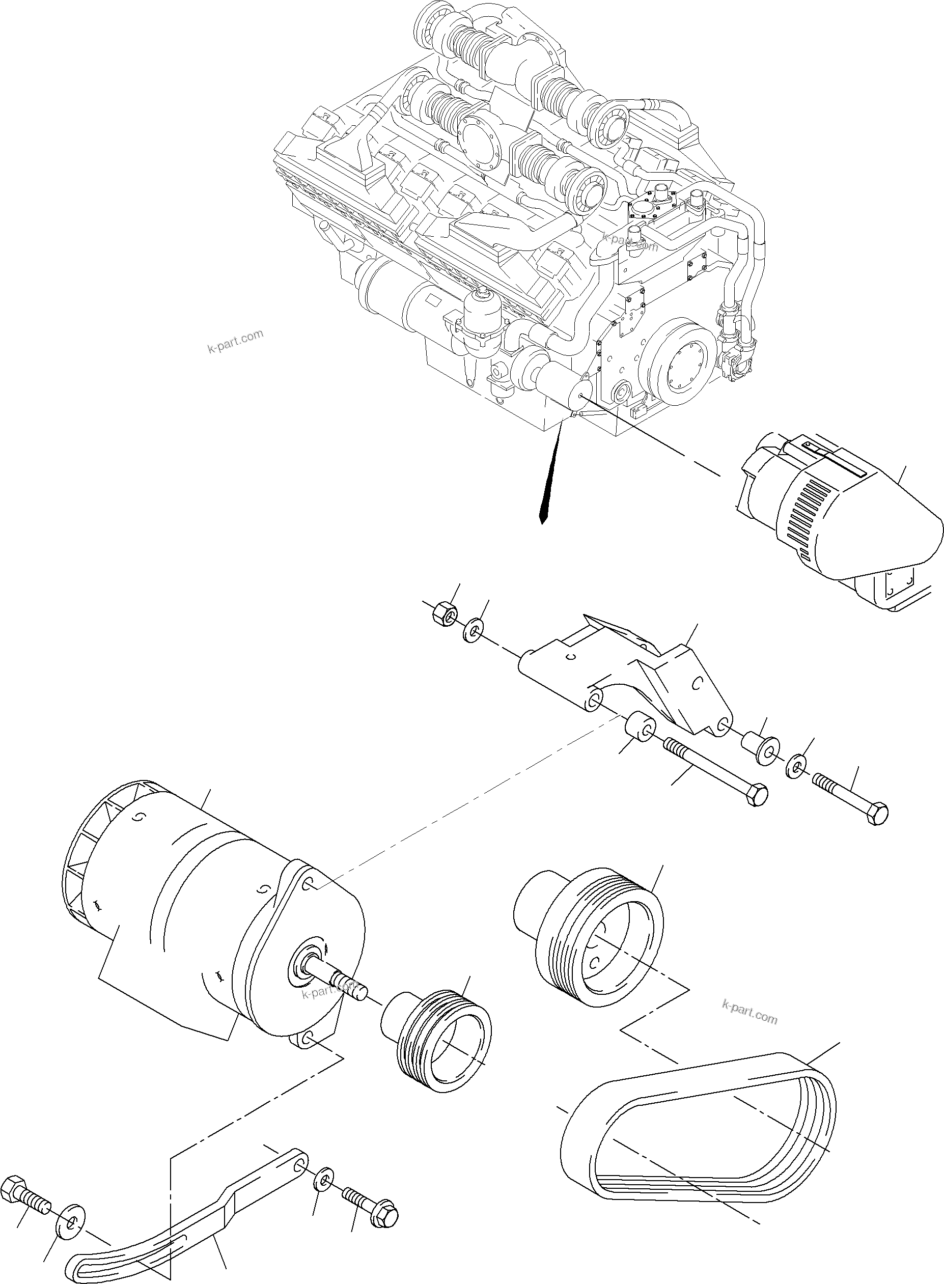 Komatsu parts book diagram for PC3000-6 S/N 46188: ALTERNATOR - MOUNTING