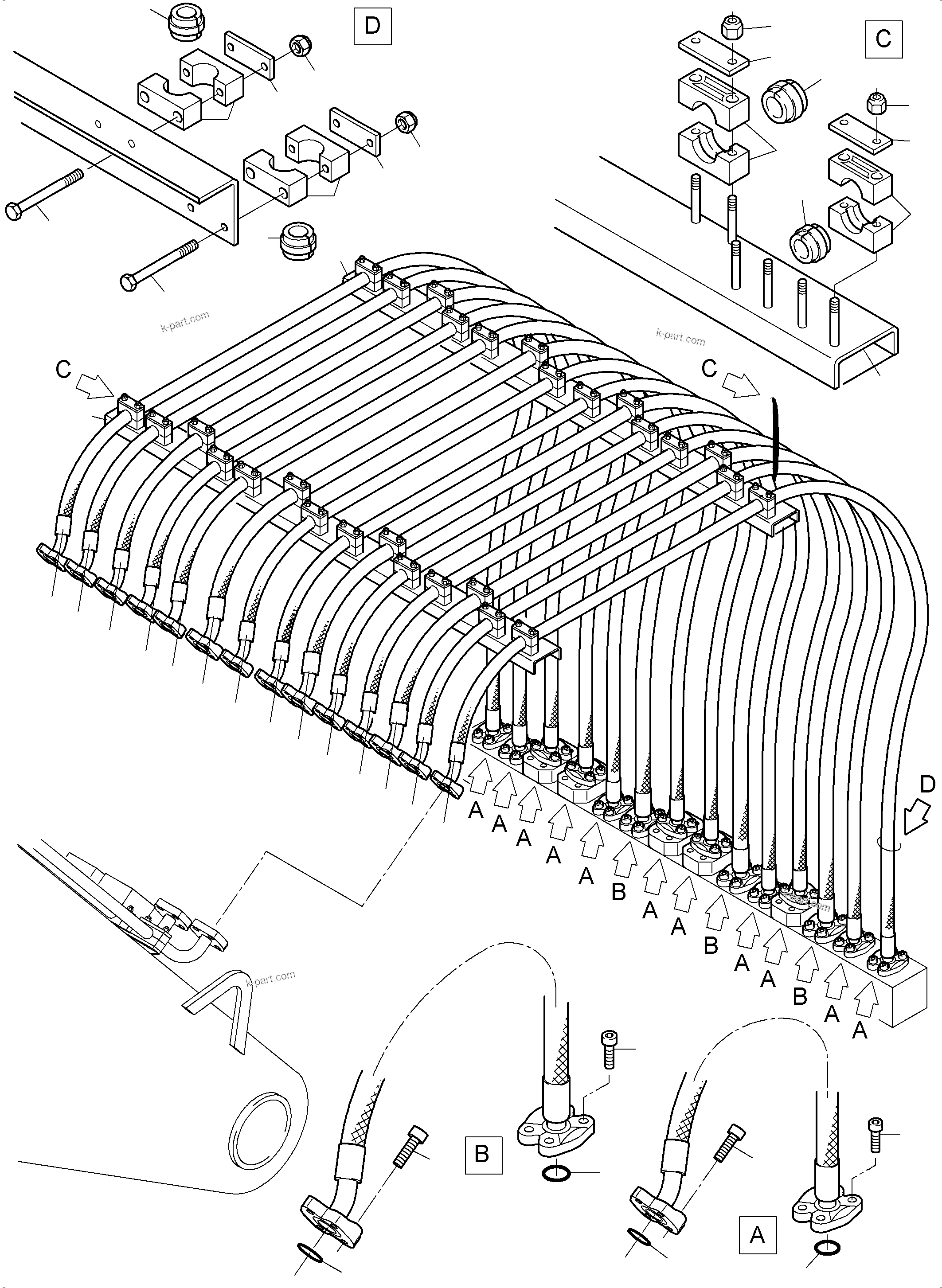 Komatsu parts book diagram for PC3000-6 S/N 46191: HOSES ASSY. - MANIFOLD- BOOM (BE)