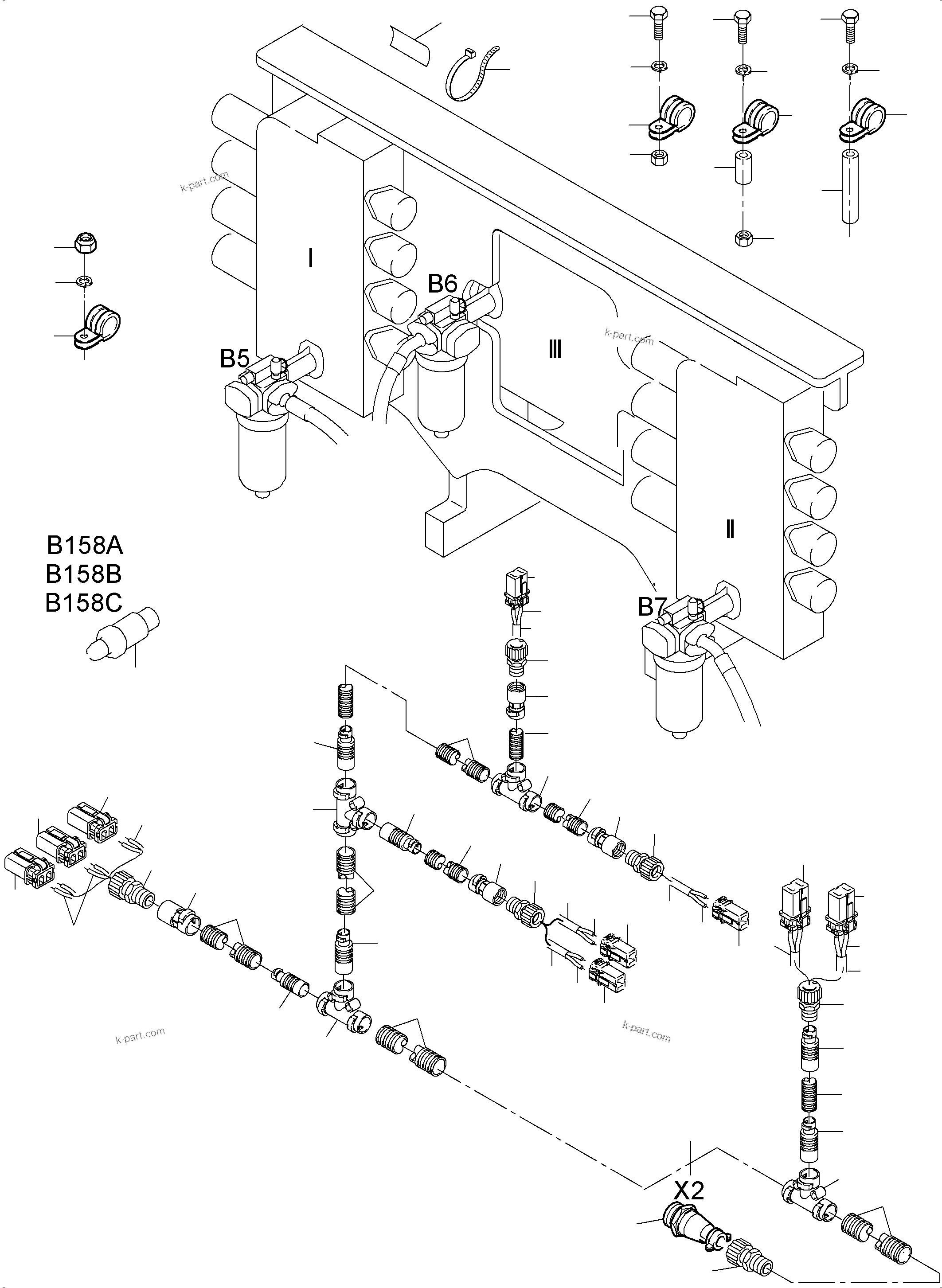 Komatsu parts book diagram for PC3000-6 S/N 46191: CABLES - SUPPORT, CONTROL UNIT - H.P. FILTER