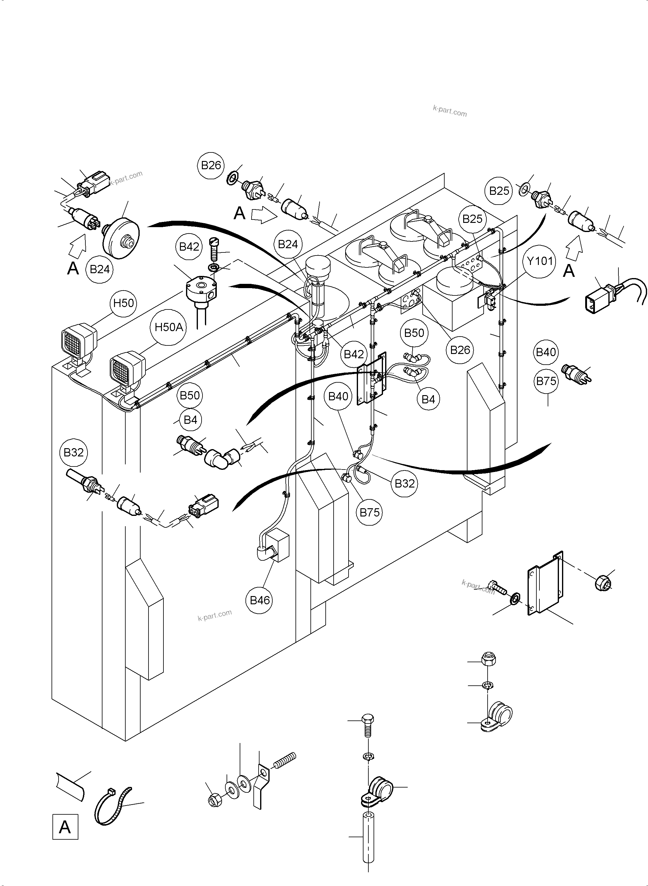 Komatsu parts book diagram for PC3000-6 S/N 46191: CABLES - OIL TANK AND SWITCH