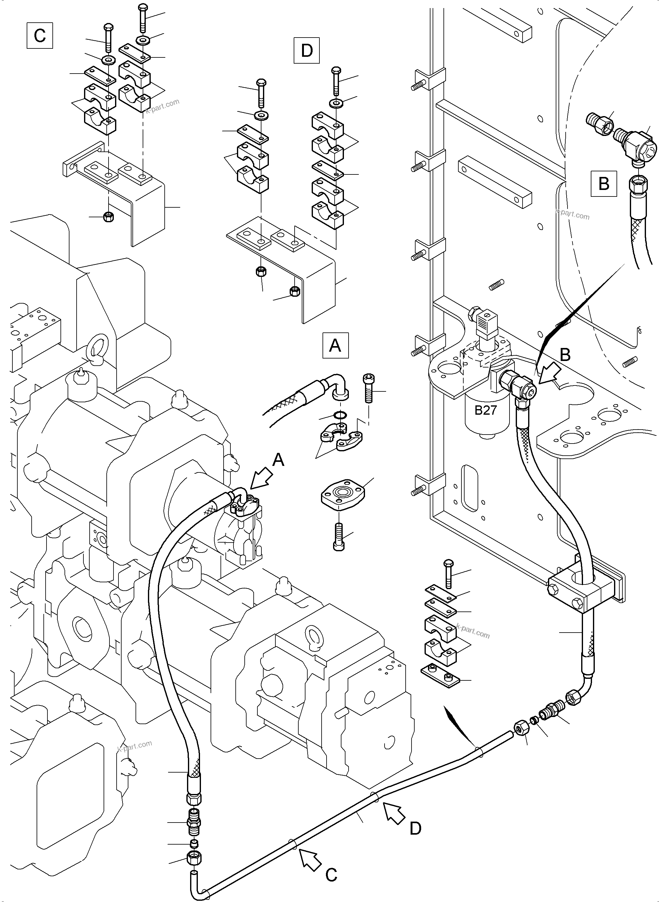 Komatsu parts book diagram for PC3000-6 S/N 46213: PRESSURE LINES (P) -TRANSMISSION OIL PUMP