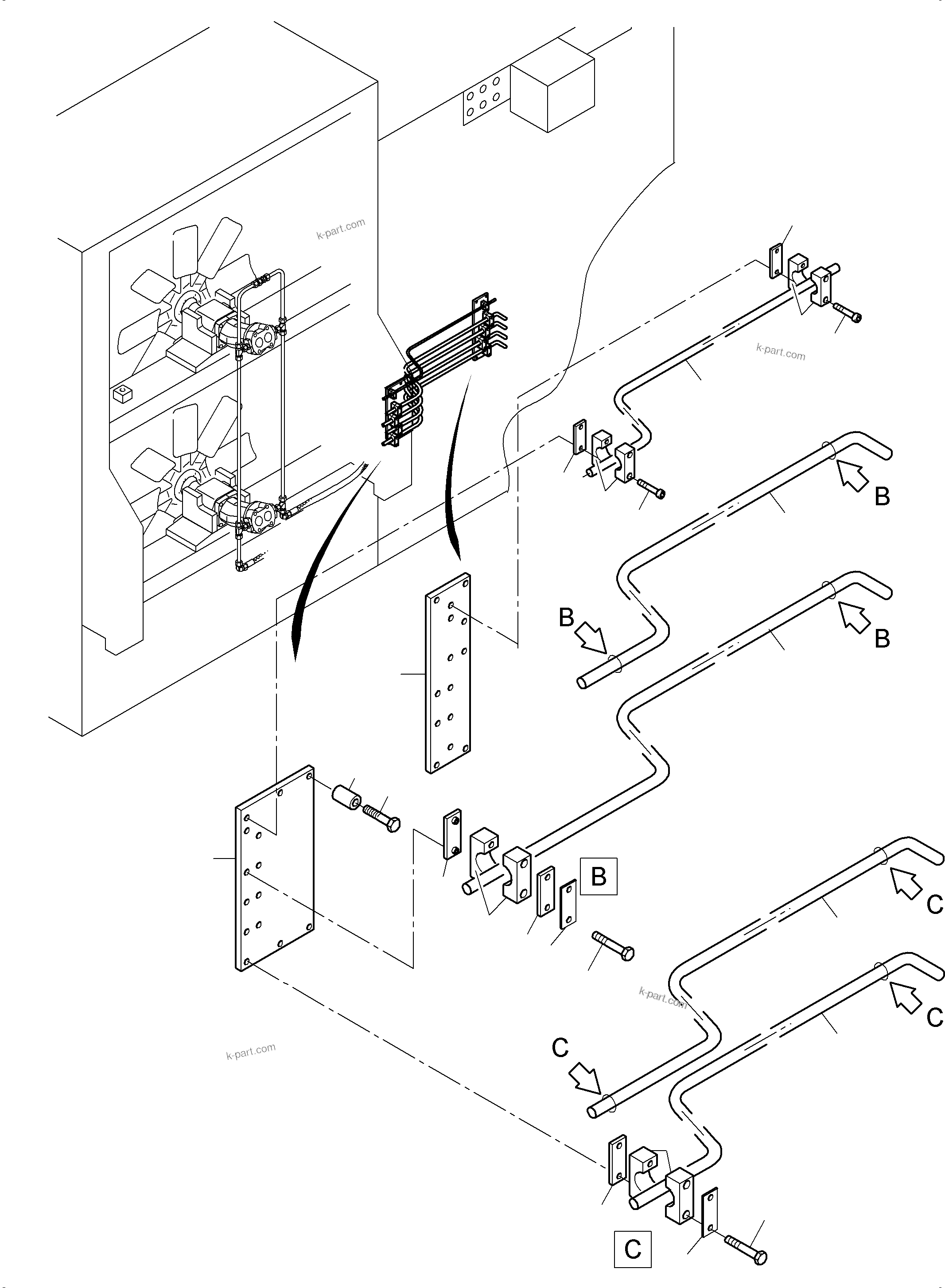 Komatsu parts book diagram for PC3000-6 S/N 46213: PRESSURE LINES - FAN MOTOR, FAN PUMP