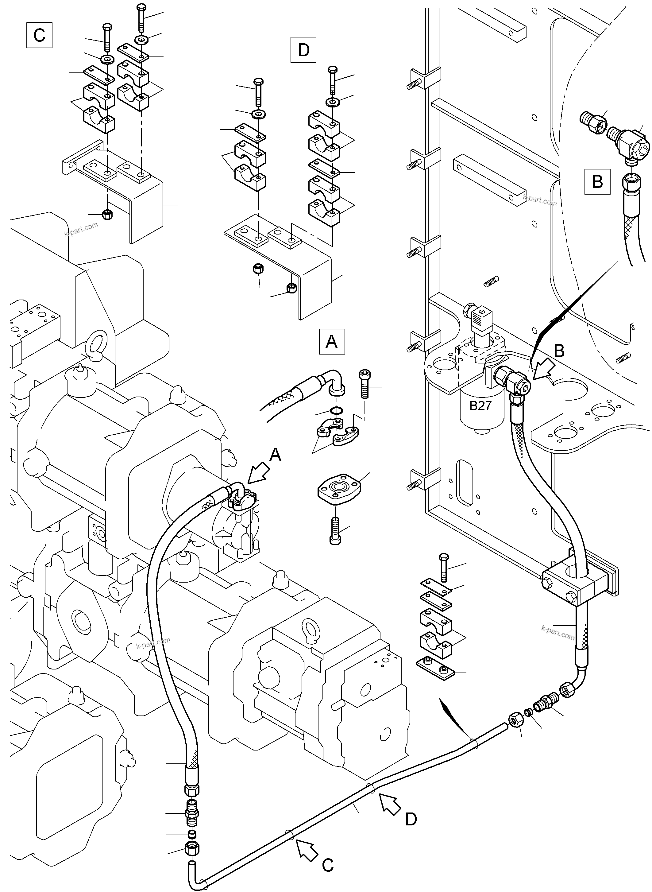 Komatsu parts book diagram for PC3000-6 S/N 46224: PRESSURE LINES (P) -TRANSMISSION OIL PUMP