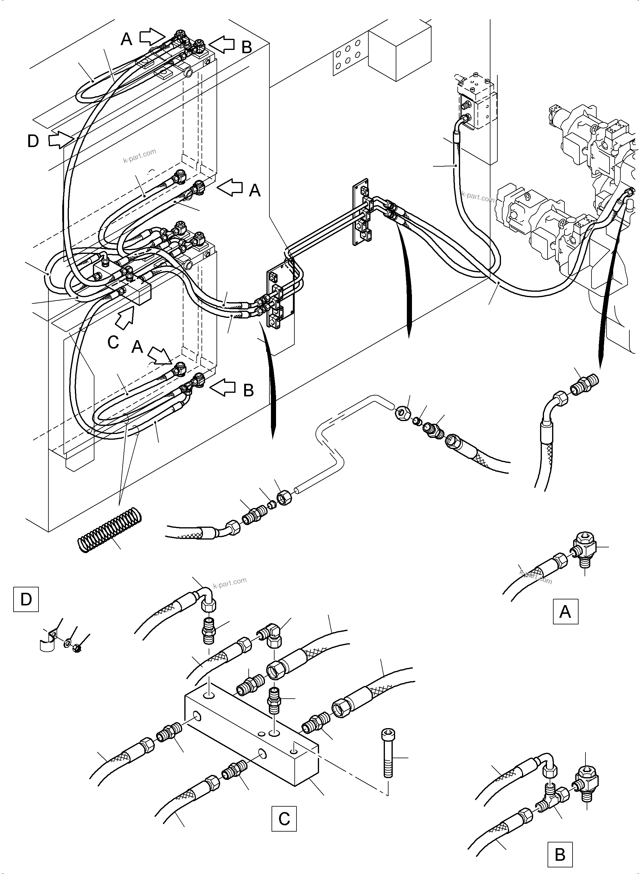 Komatsu parts book diagram for PC3000-6 S/N 46228: OIL COOLER 55 DEG. - HOSES ASSY.