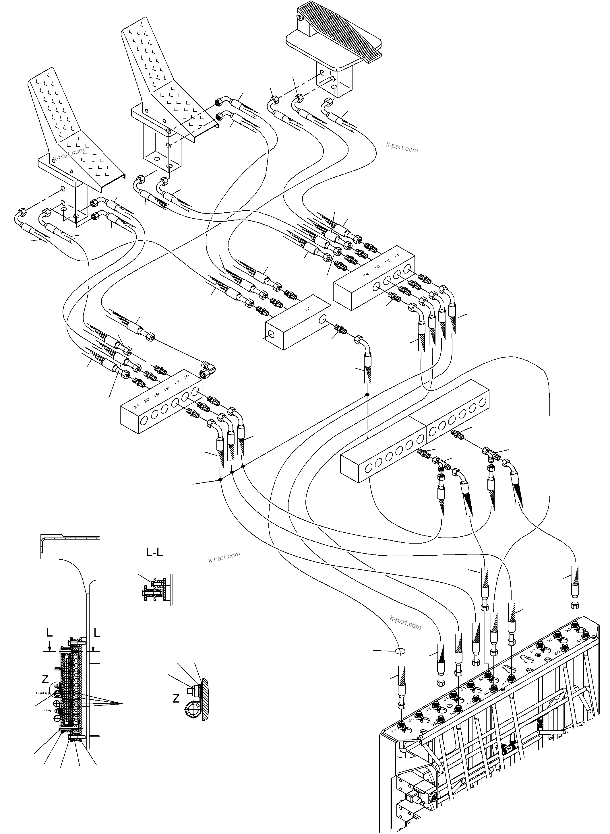 Komatsu parts book diagram for PC3000-6 S/N 46247: CONTROL LINES - PILOTCONTROL PLATE TO PILOT OIL UNITS (BE)