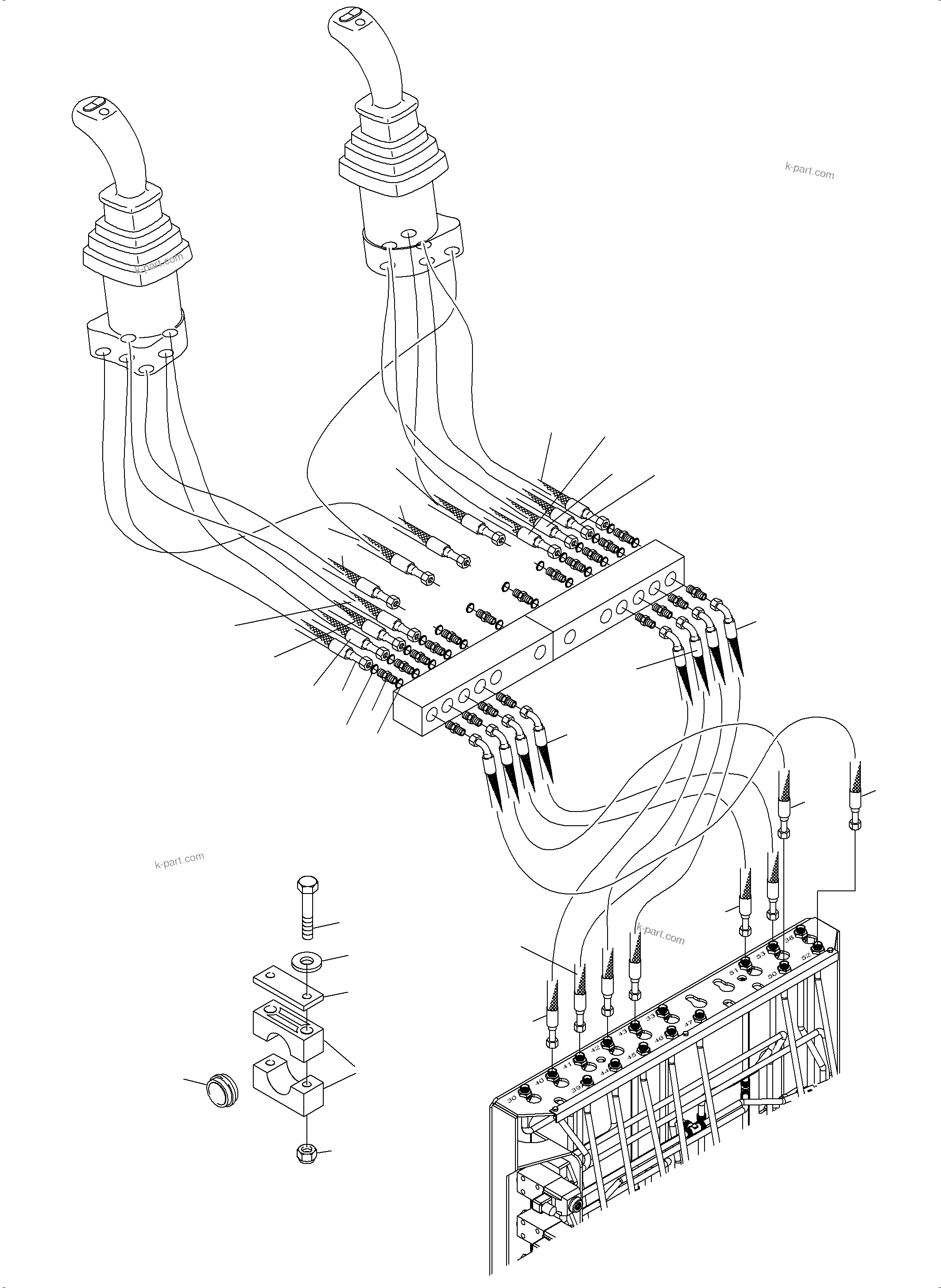 Komatsu parts book diagram for PC3000-6 S/N 46247: CONTROL LINES - PILOTCONTROL PLATE TO PILOT OIL UNITS (BE)