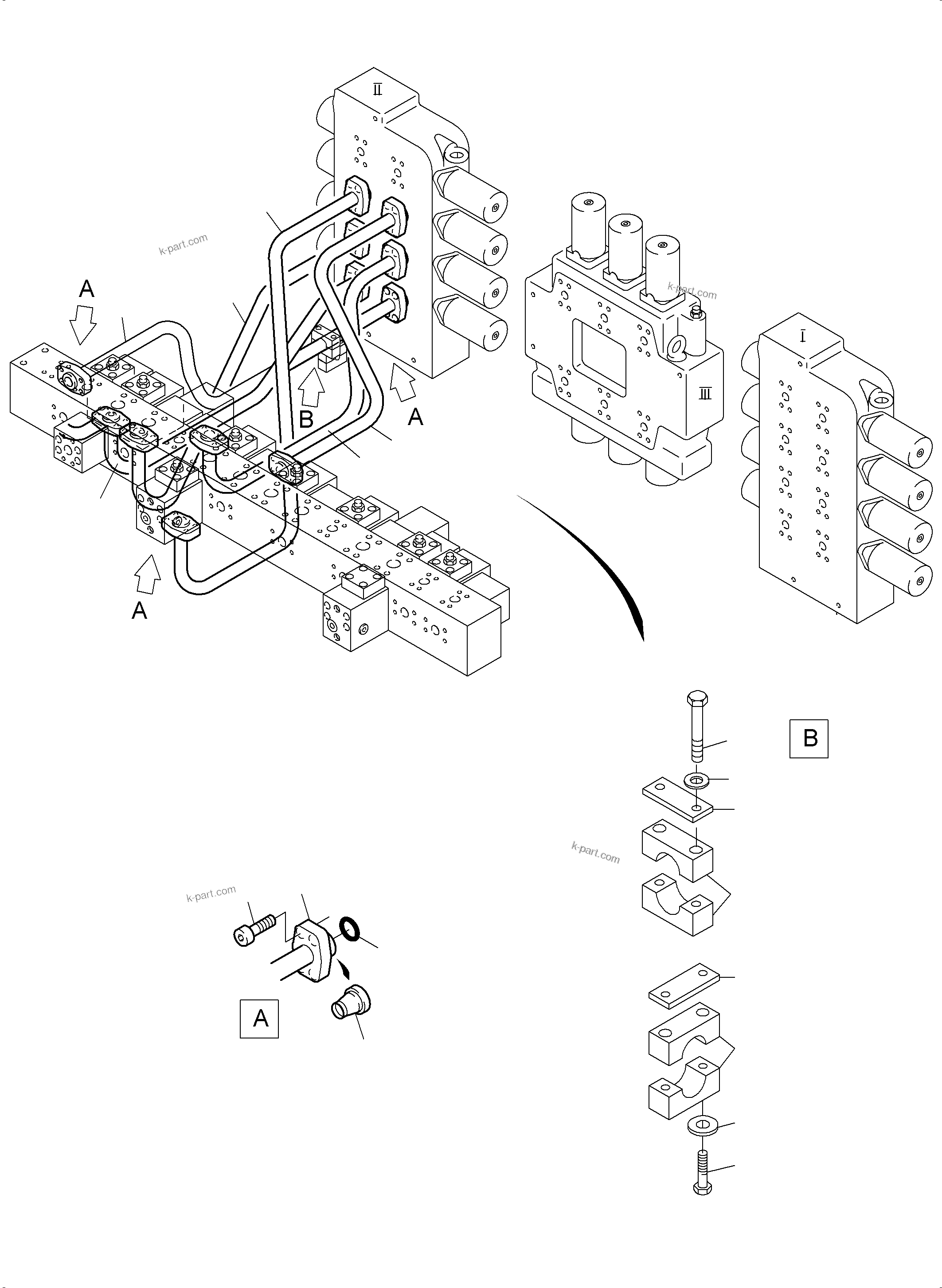 Komatsu parts book diagram for PC3000-6 S/N 46247: PRESSURE LINES - CONTROL BLOCKS - MANIFOLD BHE