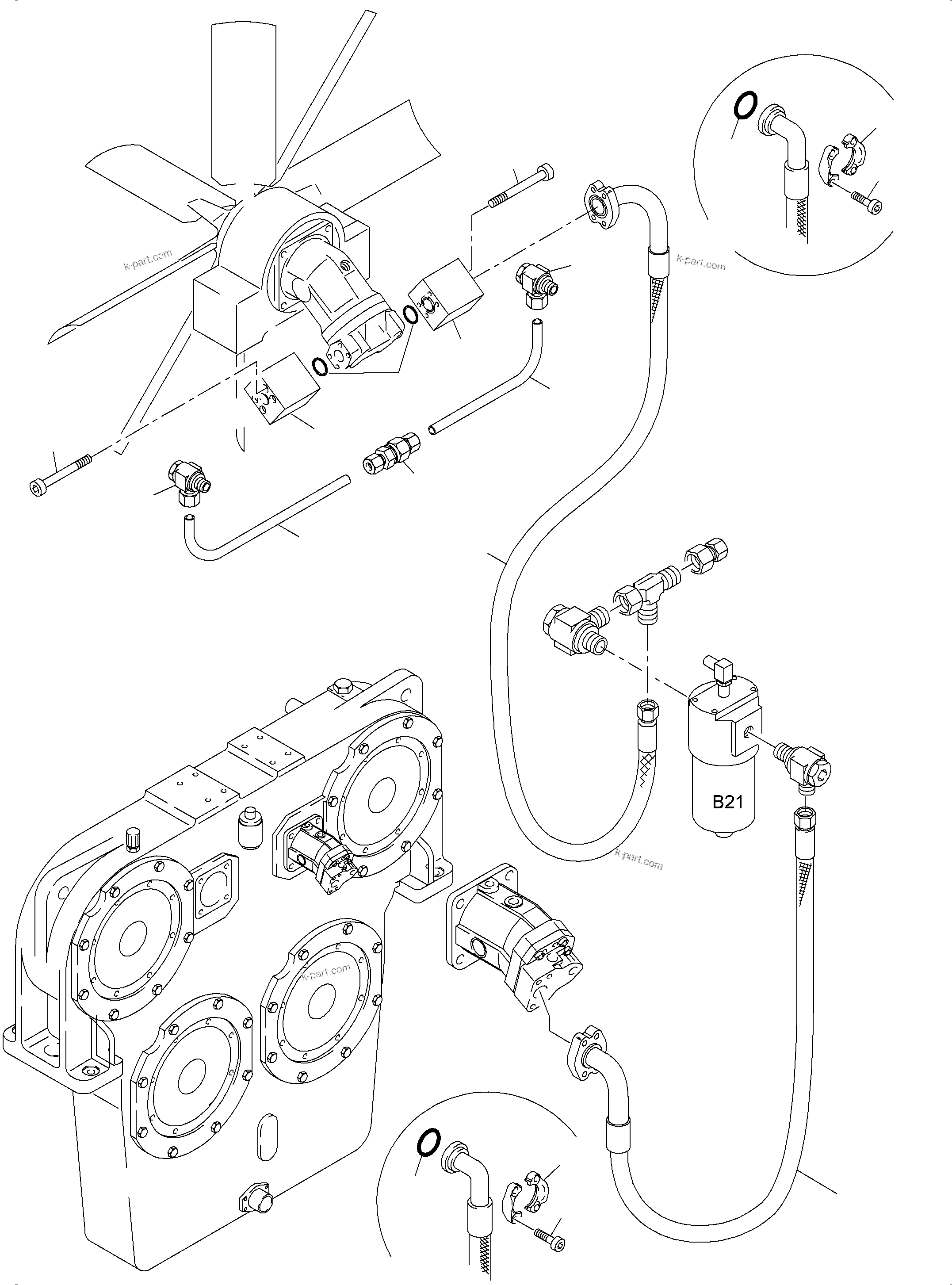 Komatsu parts book diagram for PC4000-6 S/N 58132: LINES - FAN MOTORS, FAN PUMP (RADIATOR)