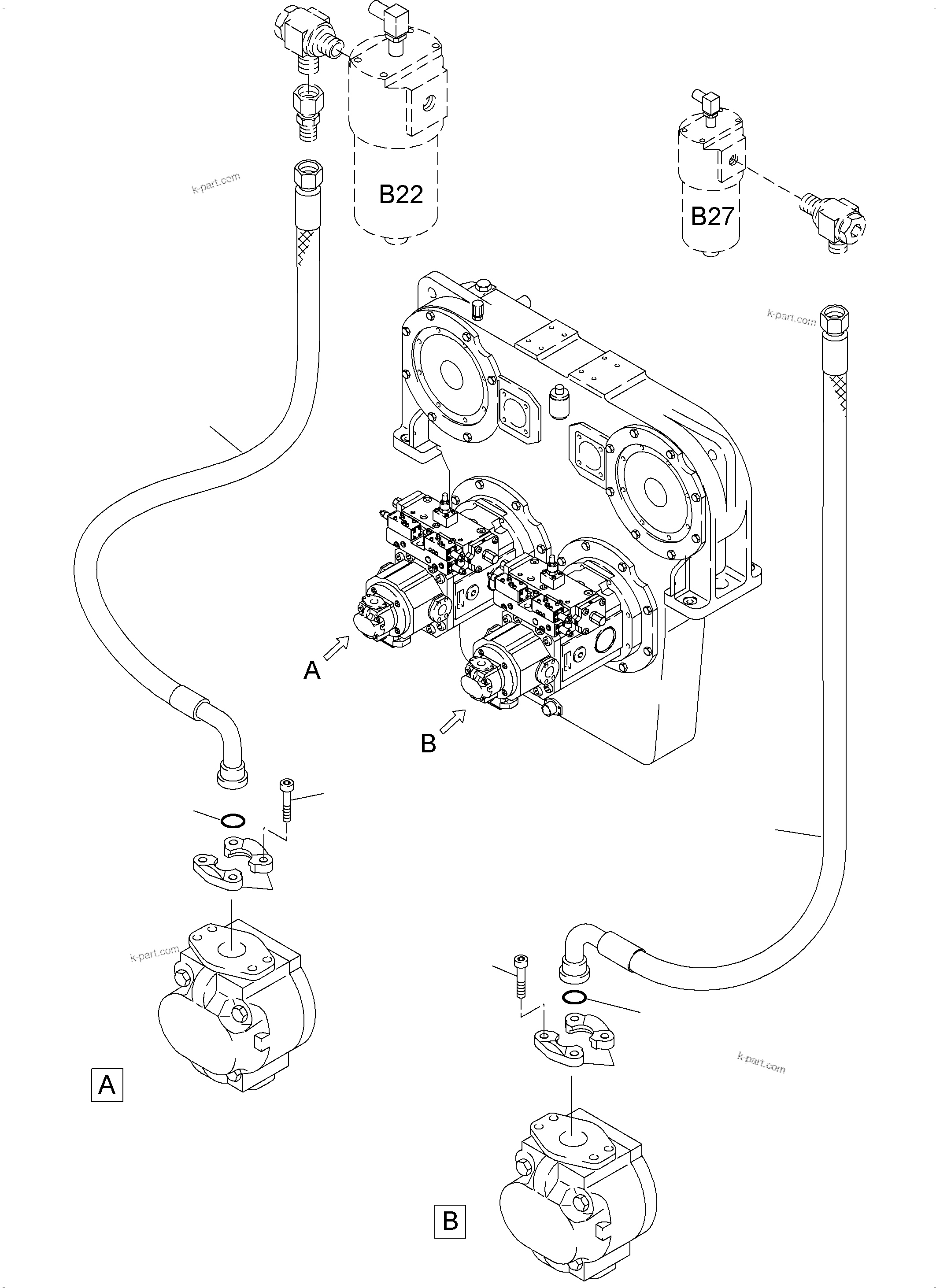 Komatsu parts book diagram for PC4000-6 S/N 58137: PRESSURE LINES - GEAR OIL AND PILOT OIL PUMP