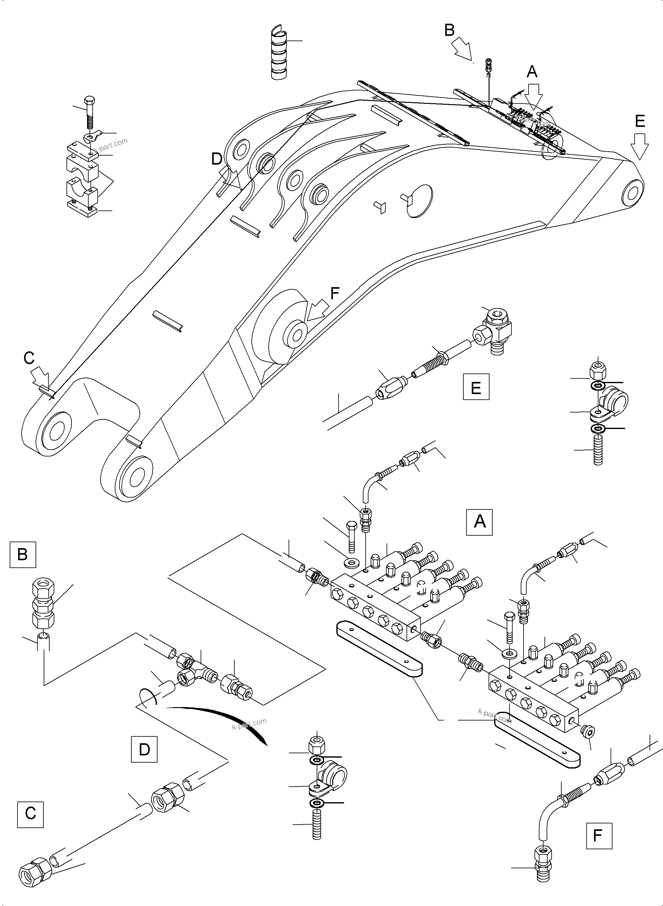 Komatsu parts book diagram for PC4000-6 S/N 58137: BOOM - LUBE LINES, BE - 9.75M