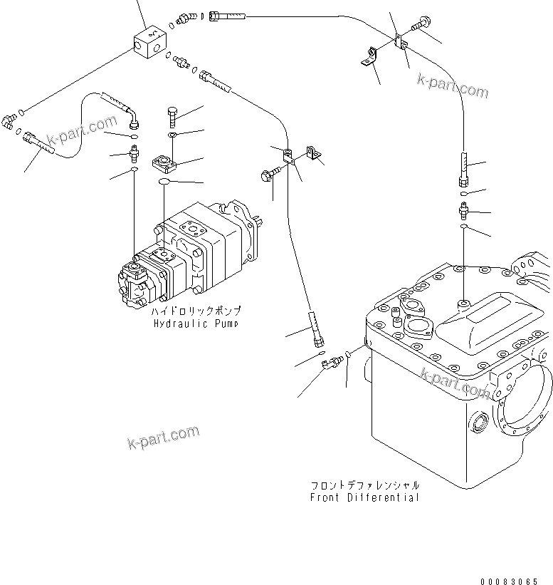 Komatsu parts book diagram for HM350-1L S/N A10001-UP: HYDRAULIC PIPING (FRONT DIFFERENTIAL LOCK LINE) (2/2)