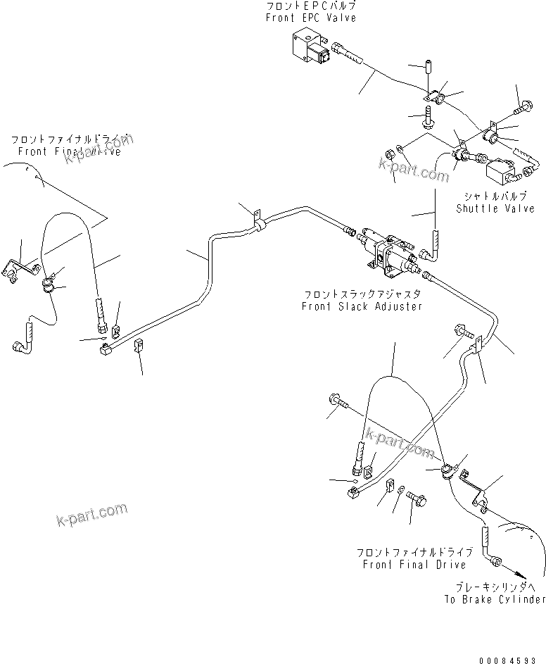 Komatsu parts book diagram for HM350-1L S/N A10001-UP: BRAKE PIPING (SLACK ADJUSTER TO FRONT AXLE)