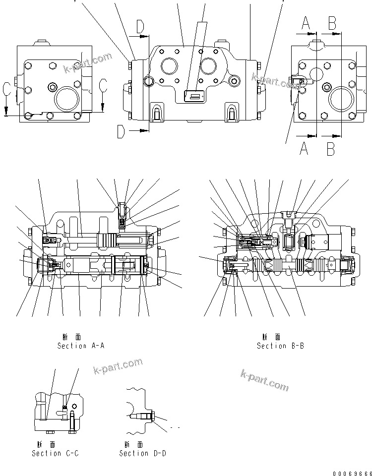Komatsu parts book diagram for HM400-1L S/N A10001-UP: HYDRAULIC PIPING (CONTROL VALVE) (INNER PARTS)