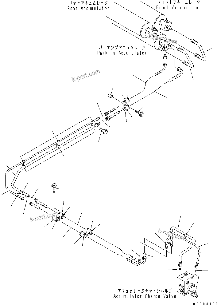 Komatsu parts book diagram for HM400-1L S/N A10001-UP: HYDRAULIC PIPING (ACCUMULATOR TO CHARGE VALVE)