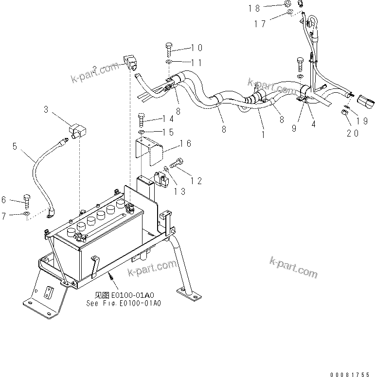 Komatsu parts book diagram for PC57-7 S/N DJB10001-up: VEHICLE WIRING (BATTERY CABLE AND RELAY BOX)