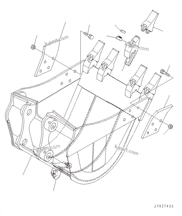 Komatsu parts book diagram for PC57-7 S/N DJB10001-up: BUCKET, 0.20M3 630MM WIDTH (VERTICAL PIN TYPE)