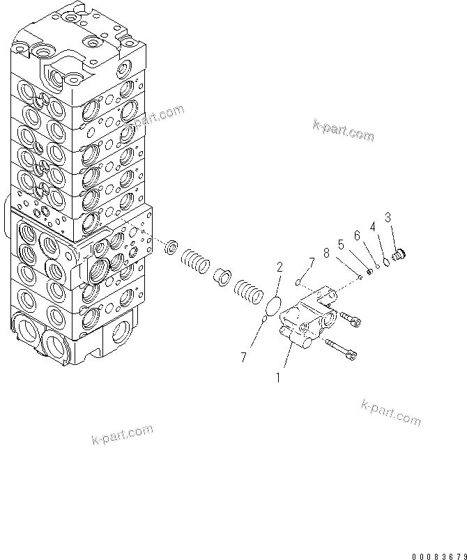 Komatsu parts book diagram for PC57-7 S/N DJB10001-up: MAIN VALVE (8-VALVE) (6/22)(#DJB04671-)