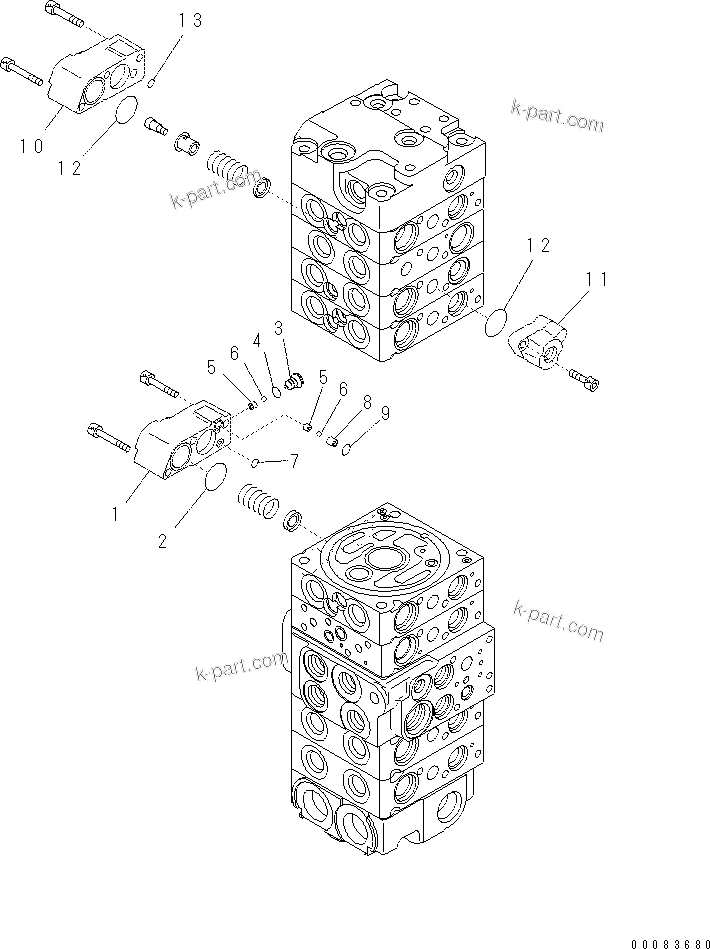 Komatsu parts book diagram for PC57-7 S/N DJB10001-up: MAIN VALVE (8-VALVE) (7/22)(#DJB04671-)