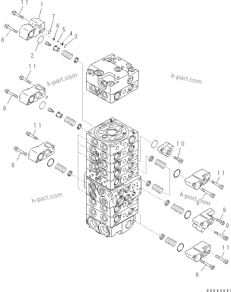 Komatsu parts book diagram for PC57-7 S/N DJB10001-up: MAIN VALVE (8-VALVE) (9/22)(#DJB04671-)