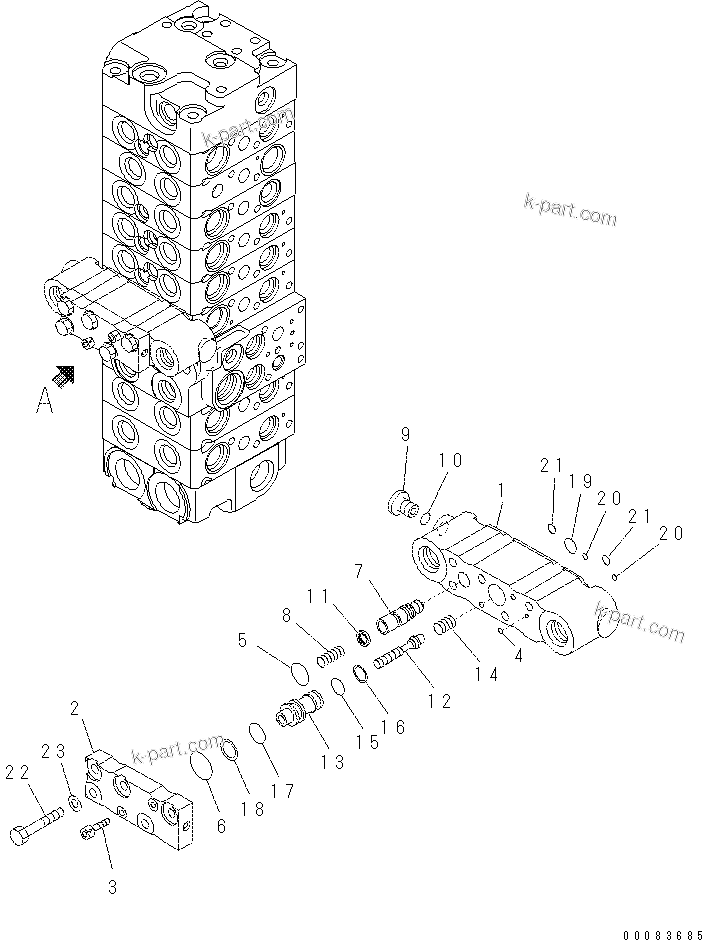Komatsu parts book diagram for PC57-7 S/N DJB10001-up: MAIN VALVE (8-VALVE) (17/22)(#DJB04671-)