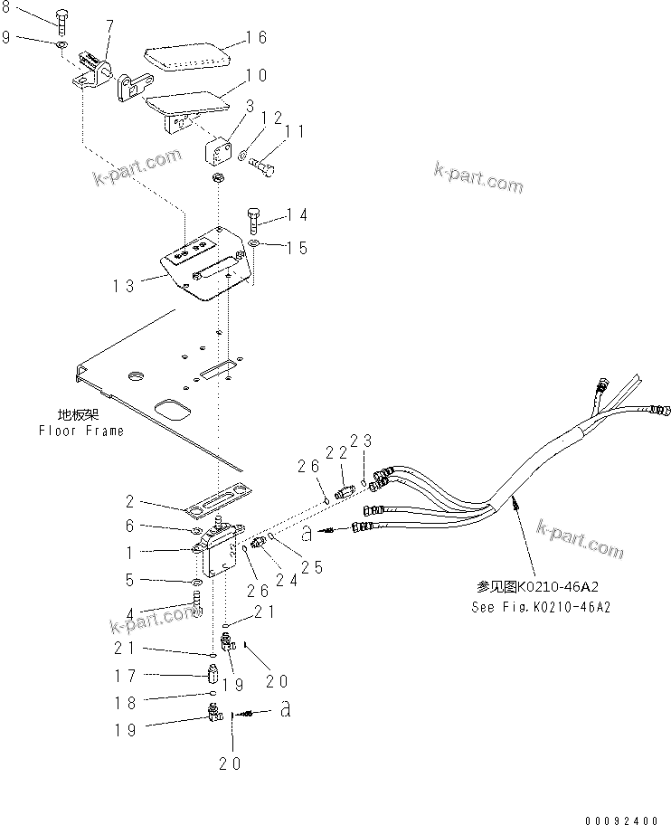 Komatsu parts book diagram for PC60-8 S/N DJA20001-up: OPERATOR'S CAB (FLOOR) (CONTROL PEDAL) (PROVISION FOR 1-ADDITIONAL ACTUATOR PIPING) (1/2)