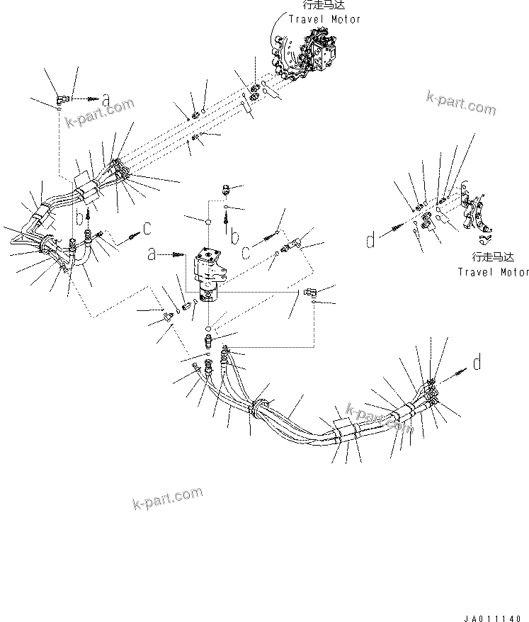 Komatsu parts book diagram for PC60-8 S/N DJA20001-up: TRAVEL PIPING (BLADE SPEC.)