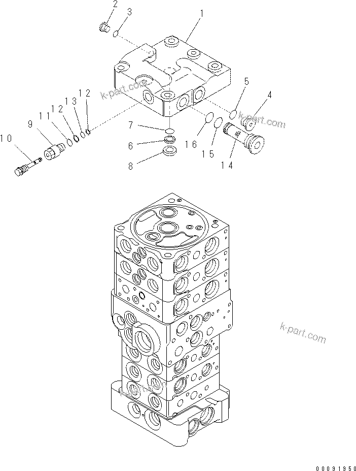 Komatsu parts book diagram for PC60-8 S/N DJA20001-up: MAIN VALVE (6-VALVE) (1/16)