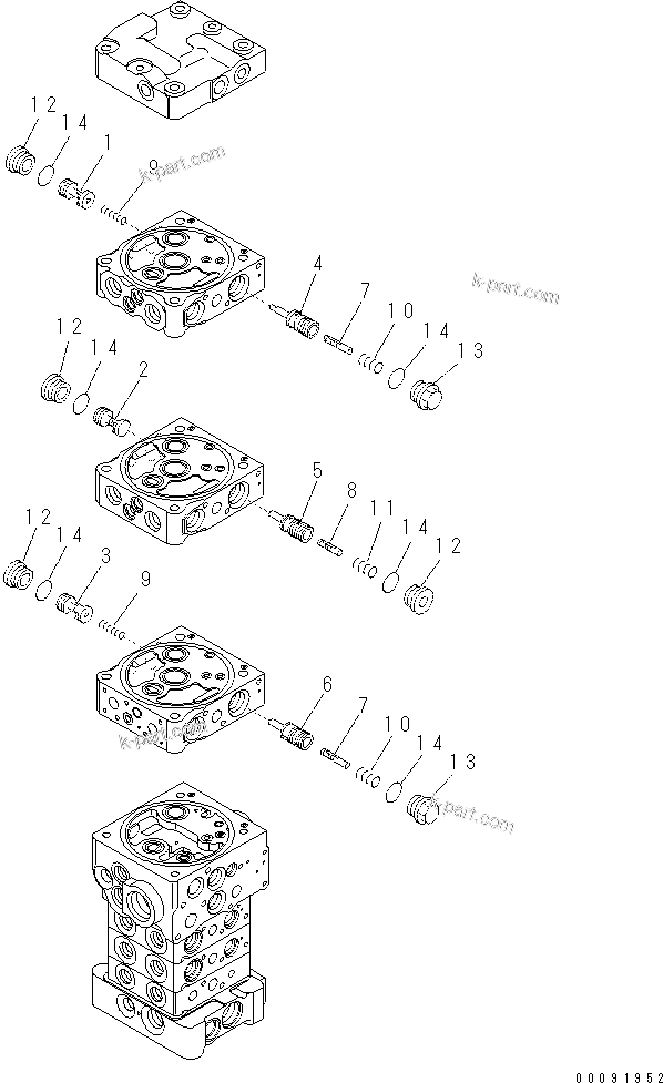 Komatsu parts book diagram for PC60-8 S/N DJA20001-up: MAIN VALVE (6-VALVE) (3/16)