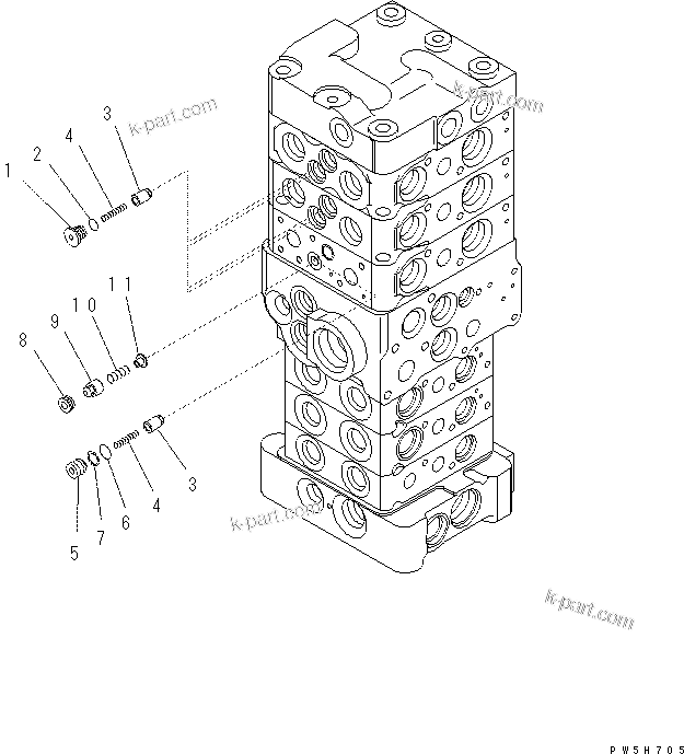 Komatsu parts book diagram for PC60-8 S/N DJA20001-up: MAIN VALVE (6-VALVE) (4/16)
