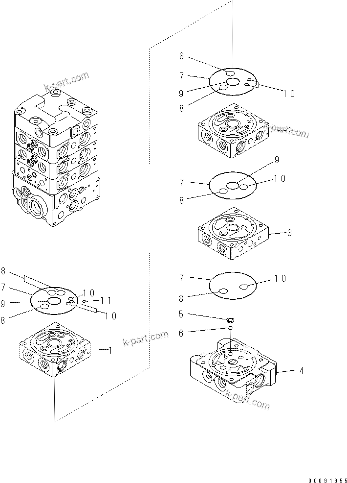Komatsu parts book diagram for PC60-8 S/N DJA20001-up: MAIN VALVE (6-VALVE) (7/16)