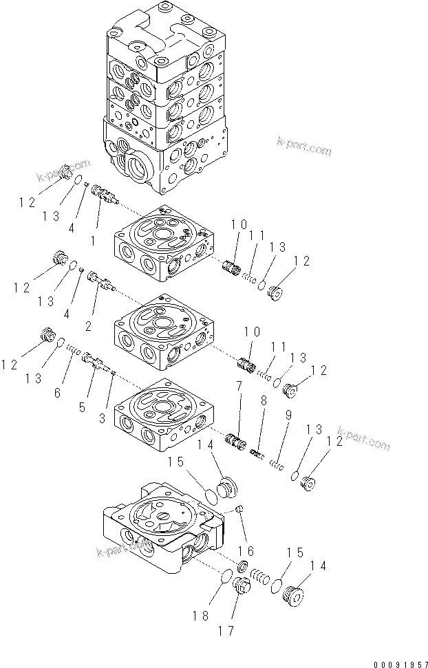 Komatsu parts book diagram for PC60-8 S/N DJA20001-up: MAIN VALVE (6-VALVE) (9/16)