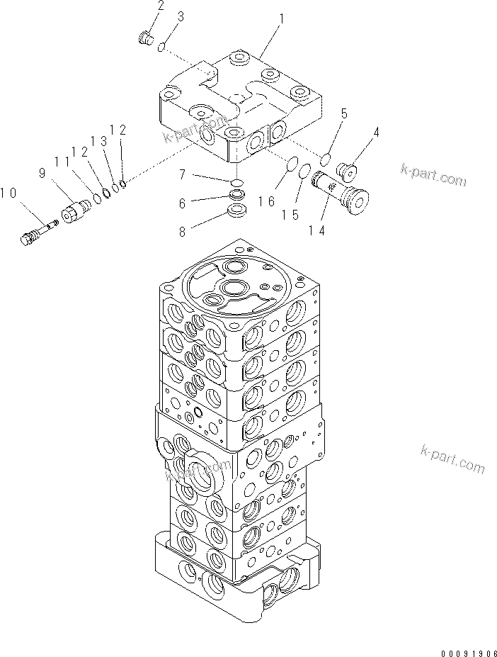 Komatsu parts book diagram for PC60-8 S/N DJA20001-up: MAIN VALVE (7-VALVE) (1/18)