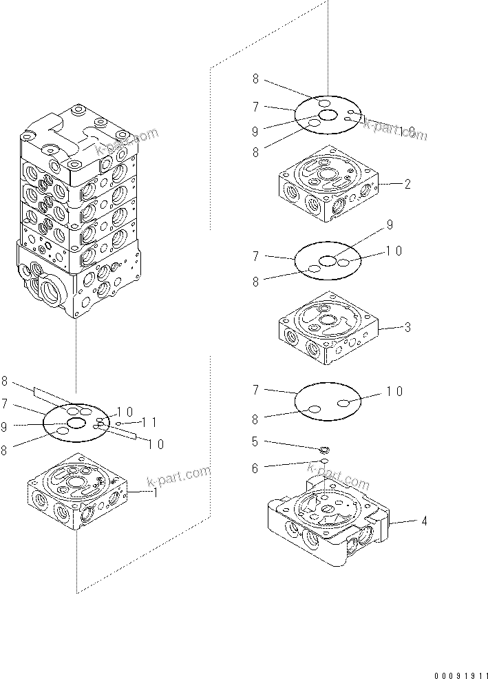 Komatsu parts book diagram for PC60-8 S/N DJA20001-up: MAIN VALVE (7-VALVE) (7/18)