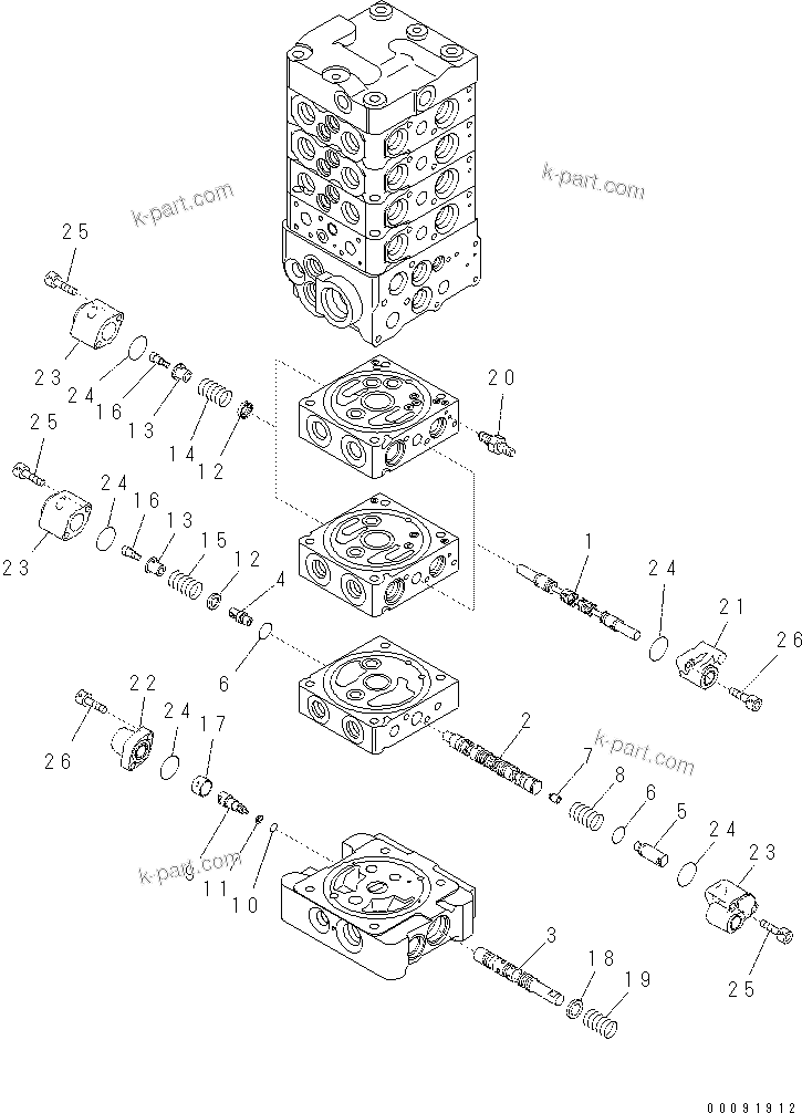 Komatsu parts book diagram for PC60-8 S/N DJA20001-up: MAIN VALVE (7-VALVE) (8/18)