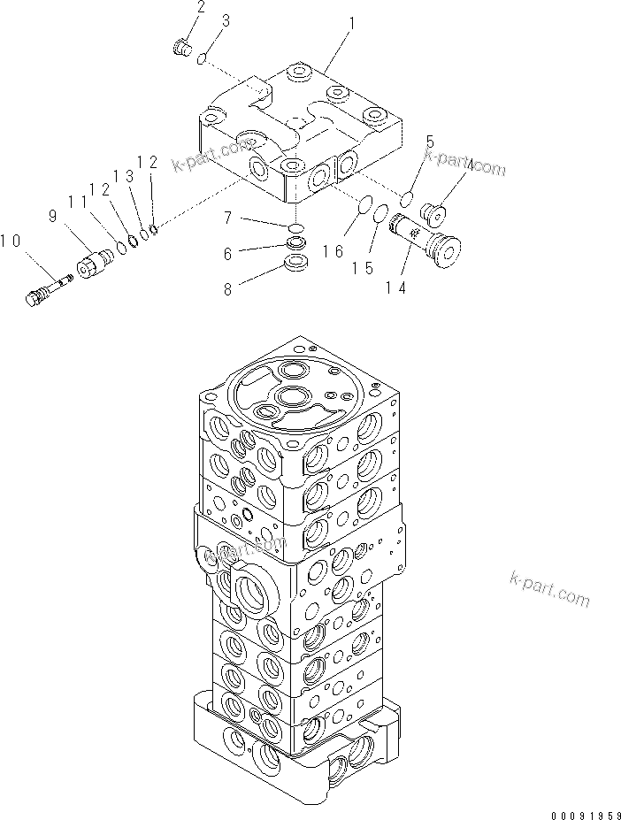 Komatsu parts book diagram for PC60-8 S/N DJA20001-up: MAIN VALVE (7-VALVE) (1/18) (WITH BLADE)