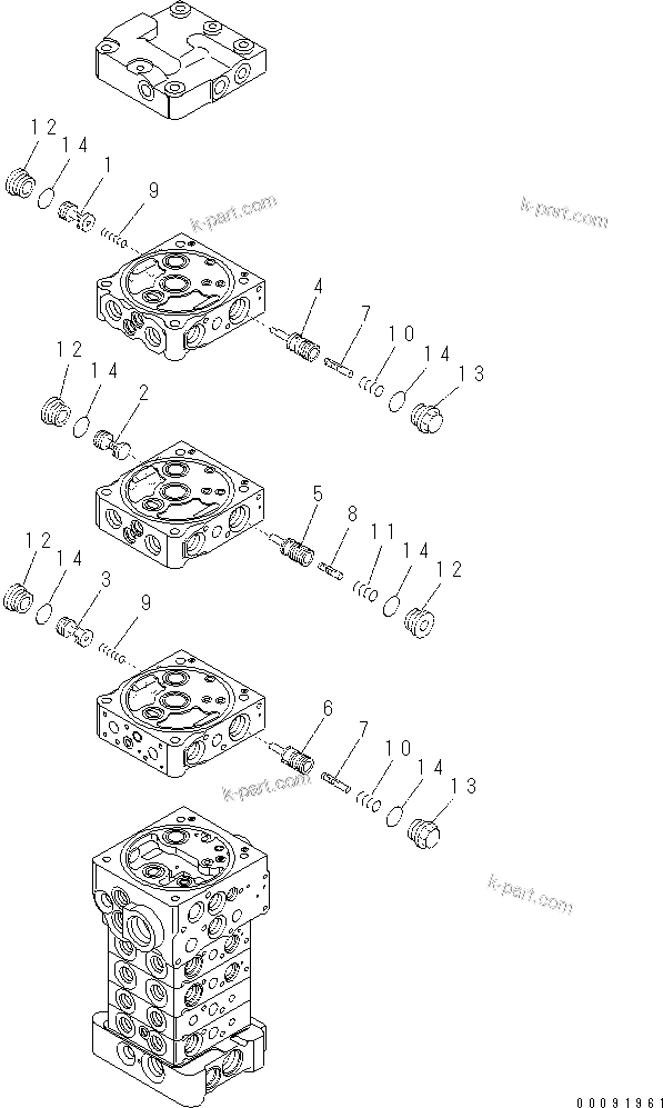 Komatsu parts book diagram for PC60-8 S/N DJA20001-up: MAIN VALVE (7-VALVE) (3/18) (WITH BLADE)