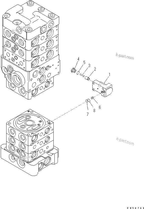 Komatsu parts book diagram for PC60-8 S/N DJA20001-up: MAIN VALVE (7-VALVE) (18/18) (WITH BLADE)