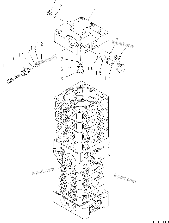 Komatsu parts book diagram for PC60-8 S/N DJA20001-up: MAIN VALVE (8-VALVE) (1/20) (ATTACHMENT AND WITH BLADE)