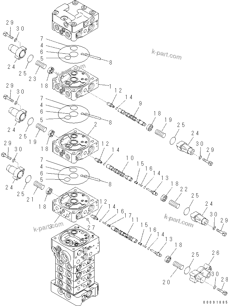 Komatsu parts book diagram for PC60-8 S/N DJA20001-up: MAIN VALVE (8-VALVE) (2/20) (ATTACHMENT AND WITH BLADE)