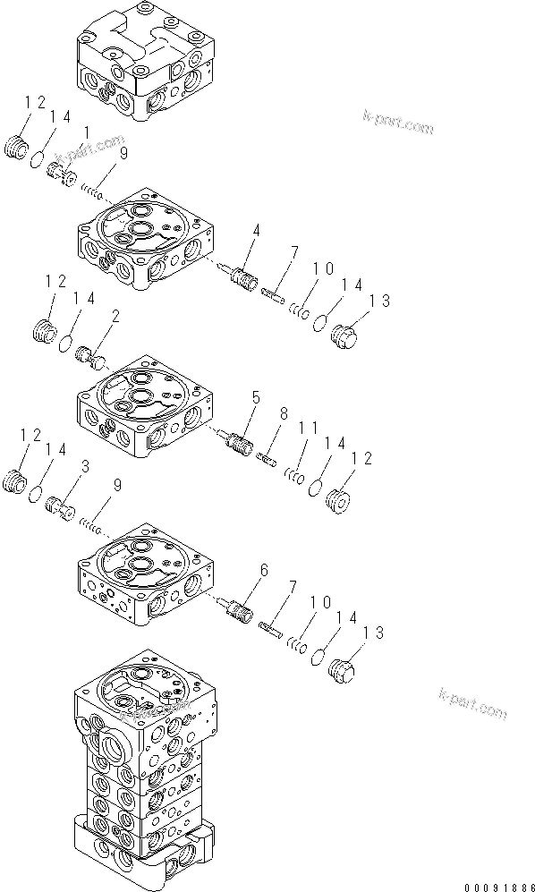 Komatsu parts book diagram for PC60-8 S/N DJA20001-up: MAIN VALVE (8-VALVE) (3/20) (ATTACHMENT AND WITH BLADE)