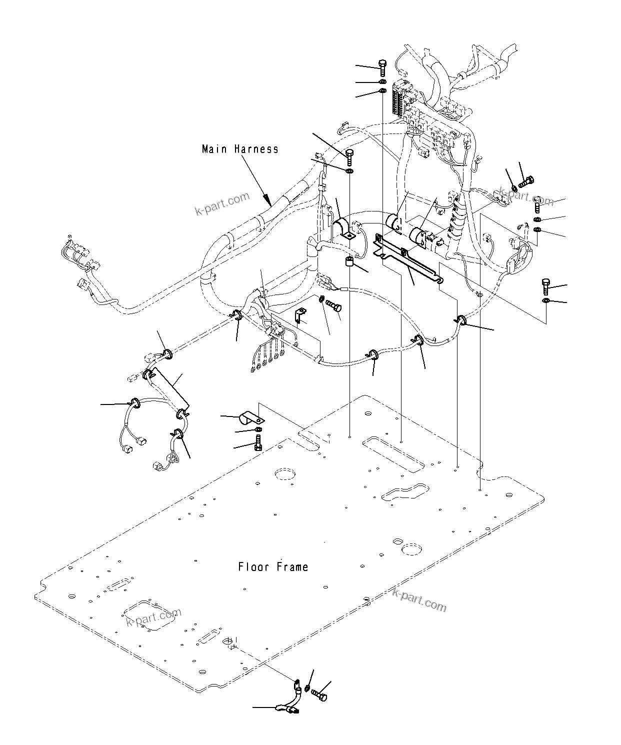 Komatsu parts book diagram for PC300-8M0 S/N J40001-UP: CAB (FLOOR, WIRING HARNESS CLAMP AND GROUND)