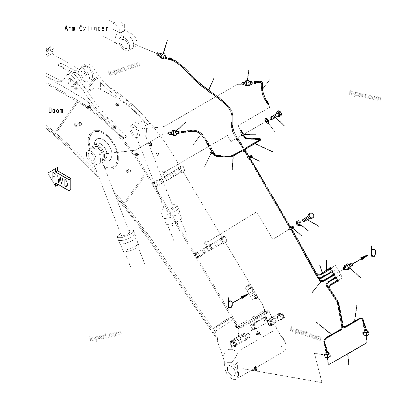 Komatsu parts book diagram for PC300-8M0 S/N J40001-UP: BOOM (LUBRICATION PIPING)(100H)(6500MM)(OPTION)