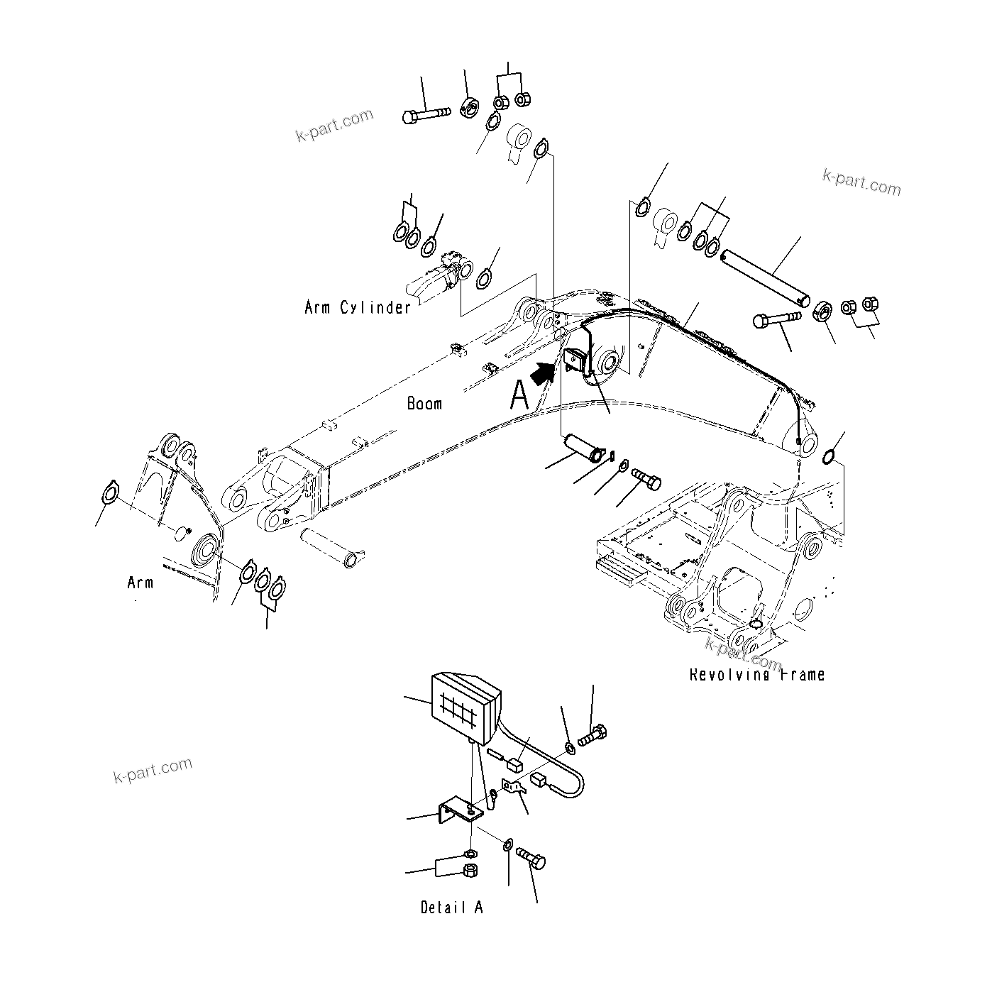 Komatsu parts book diagram for PC300-8M0 S/N J40001-UP: BOOM (CYLINDER PIN AND WORKING LAMP)(100H)(6500MM)(OPTION)