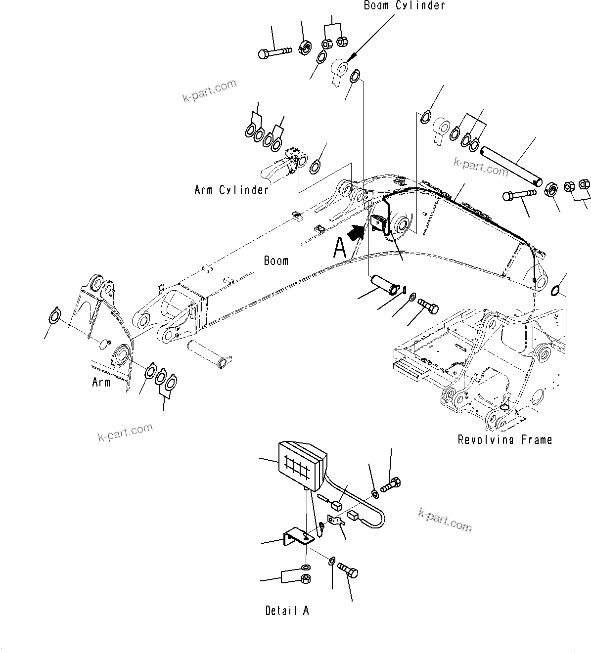 Komatsu parts book diagram for PC300-8M0 S/N J40001-UP: BOOM (CYLINDER PIN AND WORKING LAMP)(100H)(6000MM)(STD)